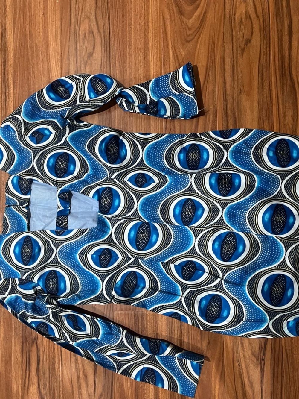 Custom African Ankara Blue Geometric Print Long Sleeve Dress - Picture 4 of 4